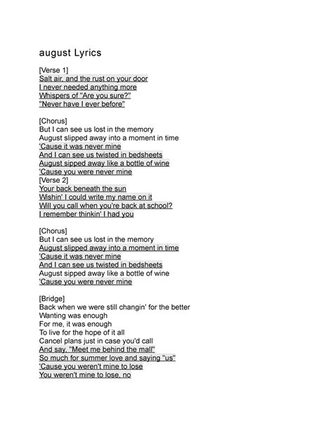 taylor swift august lyrics pdf